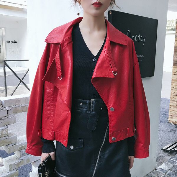 

2021 new spring women faux leather jacket batwing sleeve vintage biker coat short motor red jackets street coats sx4u, Black