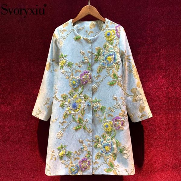 

svoryxiu designer luxury autumn winter vintage long trench coat women's beaded flower print jacquard loose overcoat outwear, Tan;black