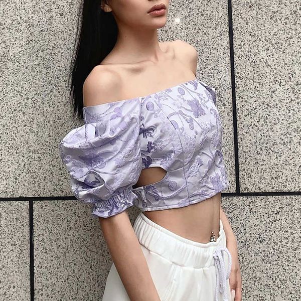 

summer retro jacquard women t-shirt summer purple puff sleeve square collar hollow crop lady casual slim wear tee, White