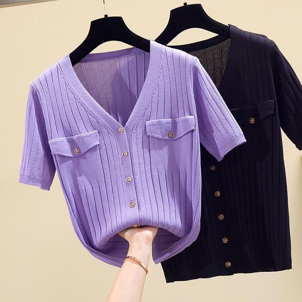 

plus size 4xl knitted cardigan women v-neck short sleeve sweater women modis purple black 1, White