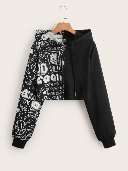 

letter & geo print drop shoulder drawstring hoodie h61w#, White;black