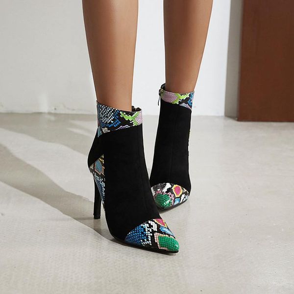 

ochanmeb woman booties stiletto thin high heel ankle boots women pointed toe female shoes woman faux suede snake print boot 48, Black