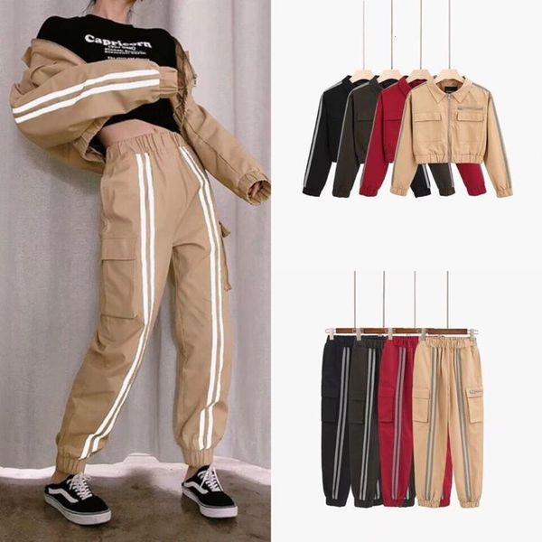 

spring high street style fitness women's suit reflective strip decoration short coat sports pants fashion, Gray