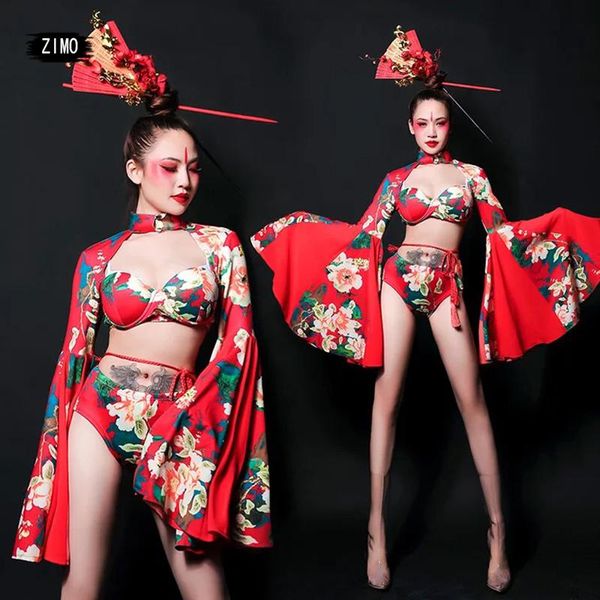 

stage wear red outfits for woman chinese style female singer nightclub gogo dance costume jazz costumes dj outfit festival, Black;red