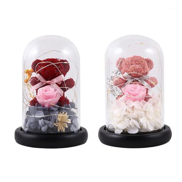 

flower bear rose in glass dome led night light decor wedding christmas gift1