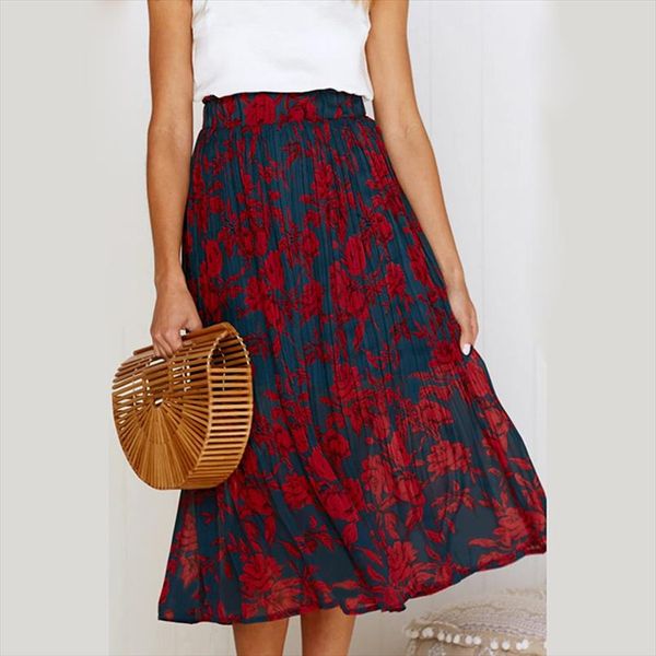 

summer spring women skirt bohemia print beach pleated skirt women fashion high waist wave point long maxi female dr1415, Black