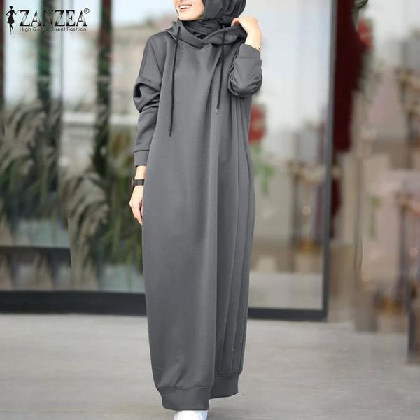 

zanzea women's sweatshirt dress 2021 stylish hoodies long sleeve maxi dress female casual solid hooded vestidos robe plus size, Black;gray