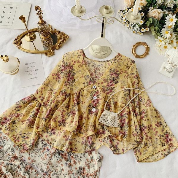 

new blouse women chiffon v-neck flare sleeve loose lady shirts femme 0sh1141, White