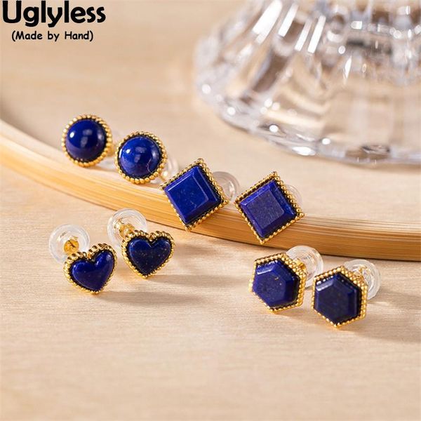 

stud uglyless simple geometric mini studs earrings for women nature noble blue lapis 925 silver square heart hexagon jewelry, Golden;silver