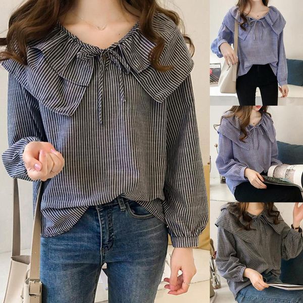 

ruffles blouse women cute plaid korean shirt long sleeve stand collar blouse chemisier femme women j4, White