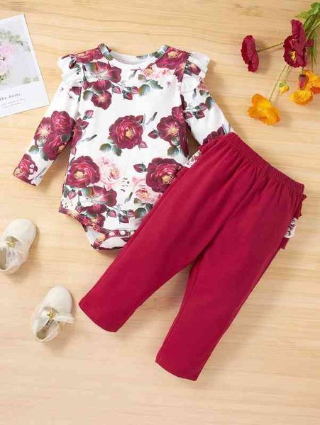 

baby floral print ruffle trim bodysuit & embroidery mesh pants she, White