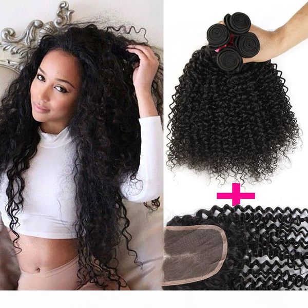

1pc lace closure+3pcs curly hair wefts brazilian kinky curly virgin human hair weave hair extensions deep curly 7a remy human weft, Black