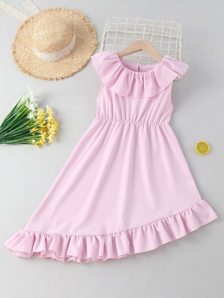 

girls ruffle trim asymmetrical hem dress she, Red;yellow
