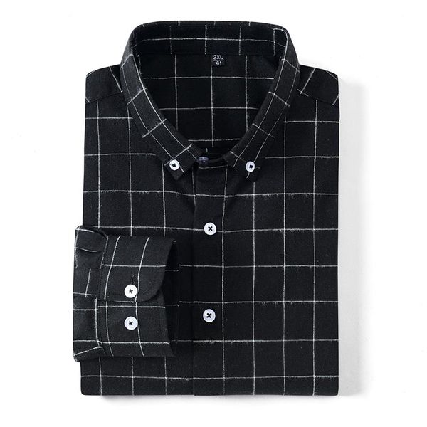 

aoliwen brand men's plaid flannel shirt spring fashion casual classic button collar fit black long sleeve dress men's shirt, White;black