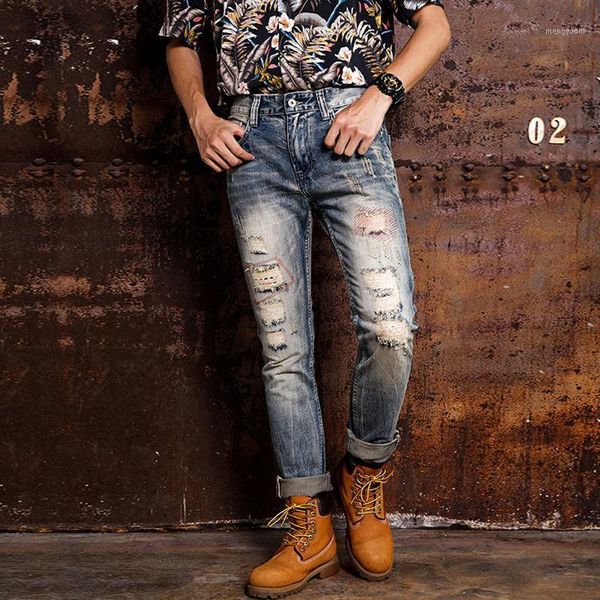 

american streetwear fashion men jeans retro washed slim fit destroyed ripped jeans patches designer denim pants hip hop1, Blue