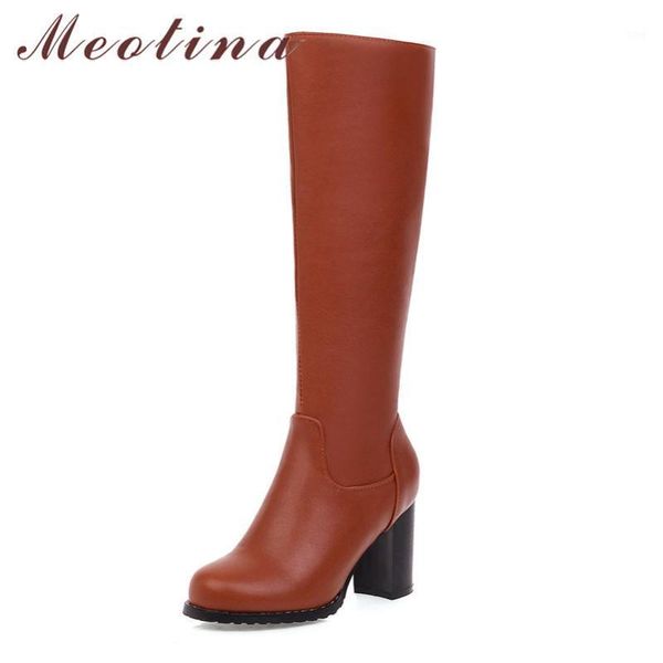 

boots meotina women long shoes platform high heel knee-high round toe thick heels zipper lady winter gray size 431, Black