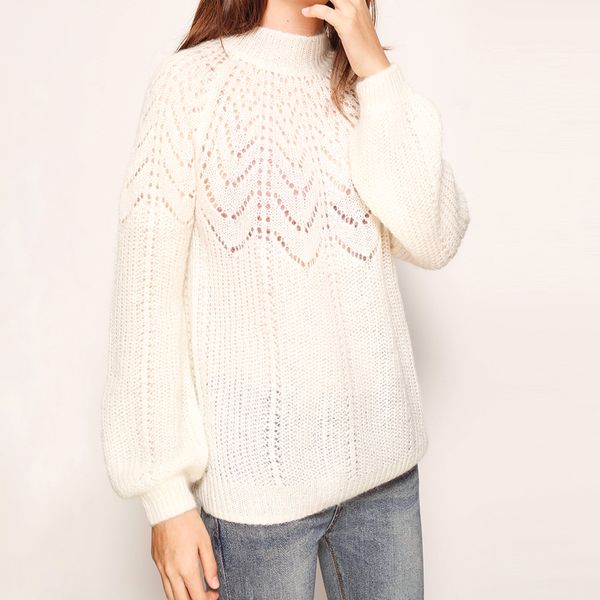 

paulin knitted jumper women warm mohair wool puffed sleeve o nenck chic sweater 2020 autumn winter vintage pullover lj201127, White;black