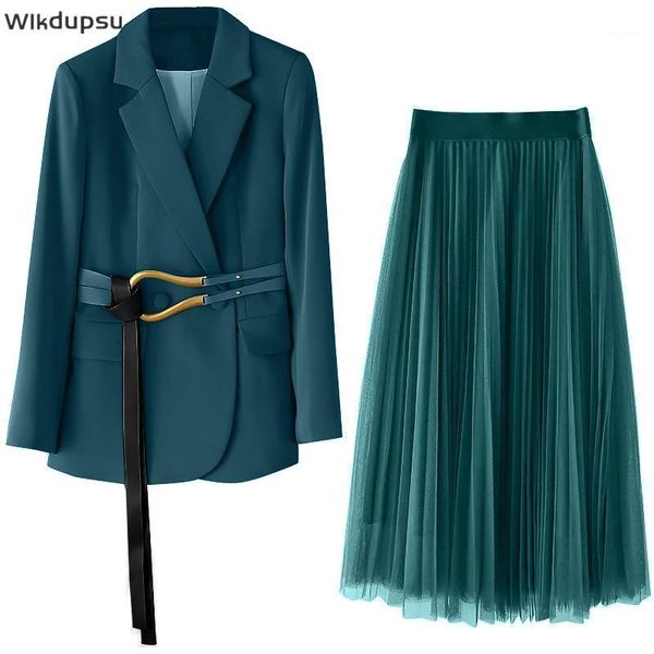 

women blazer and skirt set suit business 2 two piece outfits formal elegant office ladies jacket mesh long pleated skirt clothes1, White