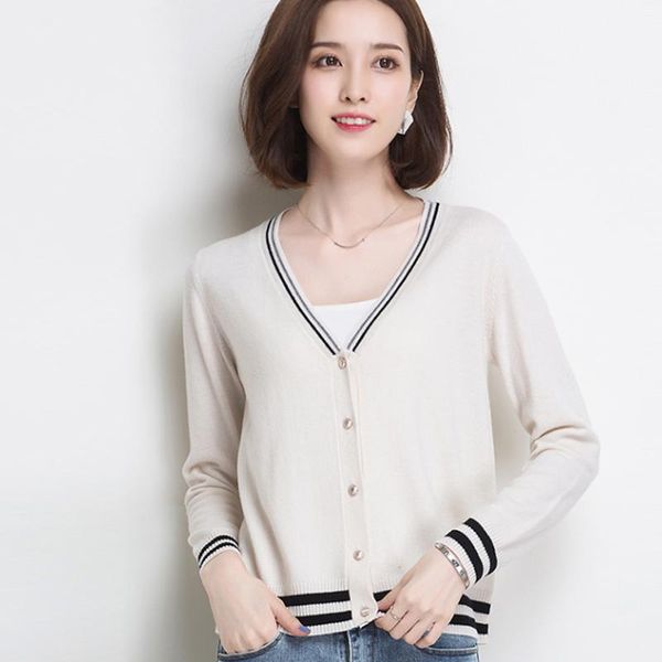 

women's knits & tees 2021 v-neck line striped women sweater metal button cardigan loose-fit laziness graceful knitted coat basic, White