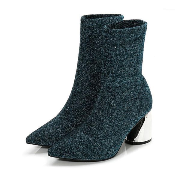 

europe fashion ankle elastic sock boots chunky high heels stretch women spring autumn bling booties pointed toe women pump1, Black