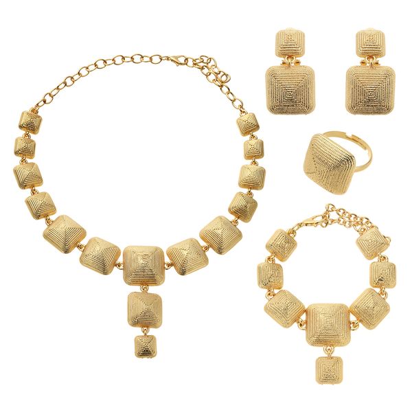 

dubai gold 24k wedding jewelry sets for women african necklace square earrings ring bracelet bridal jewelry set, Slivery;golden