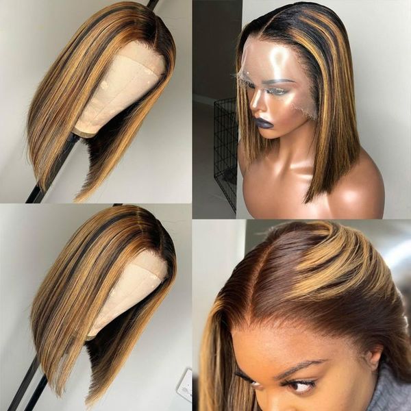 

13x6 highlight wig ombre brown honey blonde short bob wig hd lace front wig colored full 360 frontal human hair wigs 4x4 closure, Black;brown