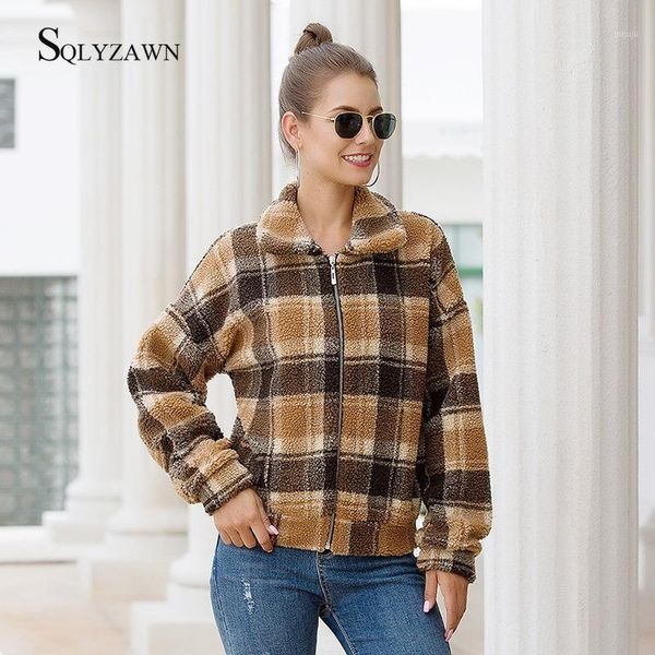 

street fashion brown plaid short jacket women winter warm teddy basic lambswool coat female autumn streetwear short outerwear1, Black