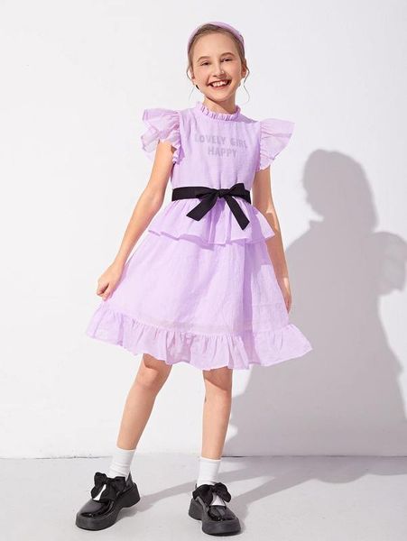 

girls ruffle hem belted mock neck dress she, Red;yellow