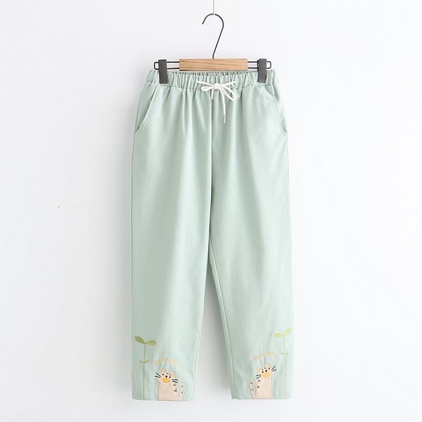 

2021 new spring japanese mori girl cute cat embroidery ankle-length casual student girls straight pants 56ou, Black;white