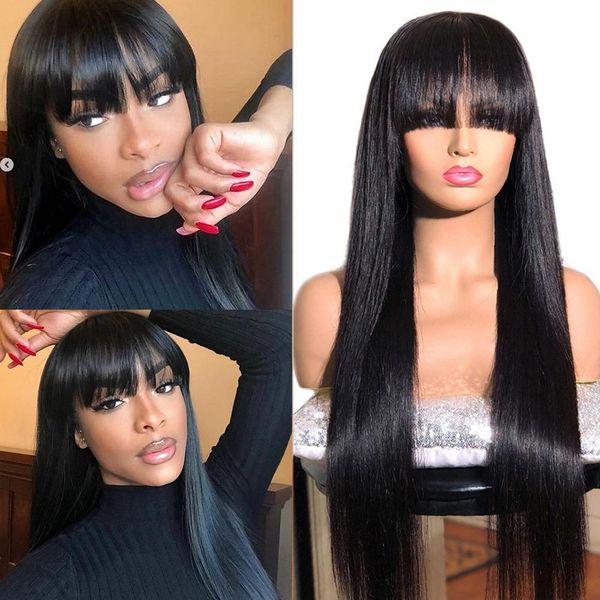 

straight human hair wigs with bangs full machine made wigs natural wig colored wigs brazilian peruvian malaysian remy hair 180% wig 8-28inch, Black;brown