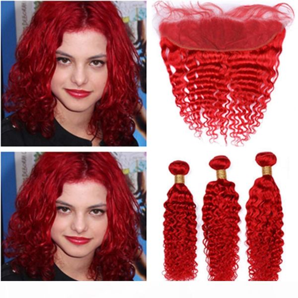 

virgin brazilian bright red human hair weaves extensions with frontal deep wave red colored 13x4 lace frontal closure with 3bundles, Black;brown