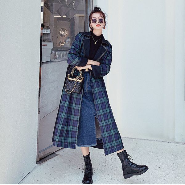 

2021 new female blouse spring new korean late fall lapel red plaid denim sewing wear a fashion belt trench coat 4x fiea, Black;brown