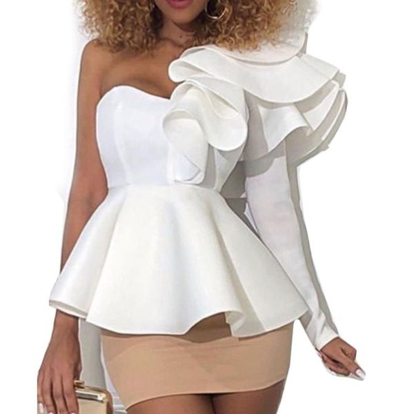 

falbala long sleeve blouse plus size ruffle tunic peplum one shoulder ladies white shirt red blusas mujer de moda 2020