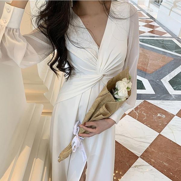 

2020 лето v-образным вырезом с длинным рукавом платья для женщин мода twist тонкий женщина вечера партии vestidos элегантные белые женские п, Black;gray