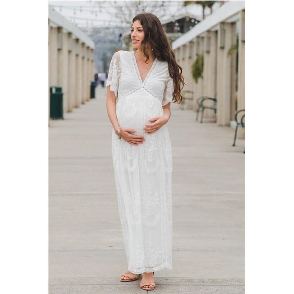 

long maternity pgraphy props dress summer short sleeves v-neck lace dresses maternity dresses for p shoot pregnant dress, White