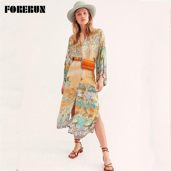 

forerun long kimono cardigan women beach cover up summer colorful print wrap dress swimsuit cover-ups pareos de playa mujer1, White;black