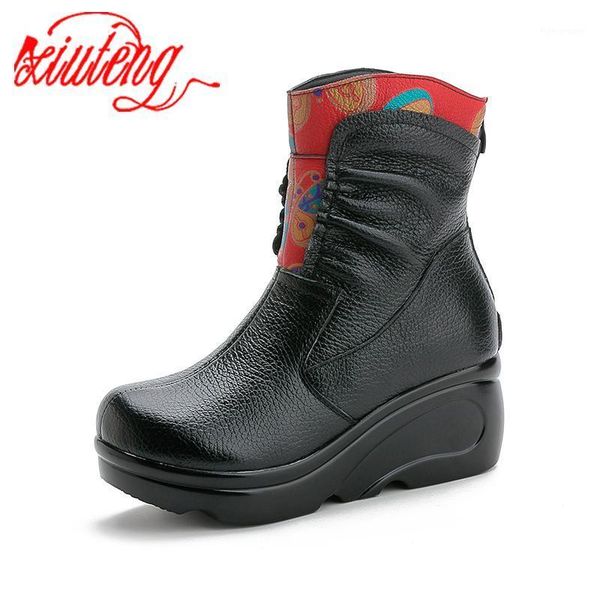 

boots ethnic style women's shoes wedge heel platform female middle tube mother cotton middle-aged and elderly shoes1, Black