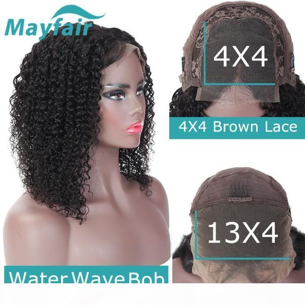 

mayfair bob wigs human hair lace wigs for women short water wave wig lace front brazilian non-remy hair swiss 4x4 13x4 t hd, Black;brown