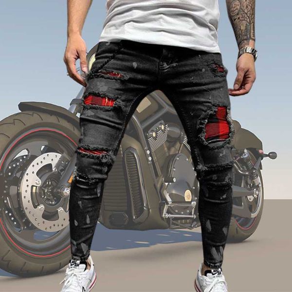 

men's ripped ny jeans slim locomotive hole pencil zipper biker hip hop denim jogging street clothes man, Blue