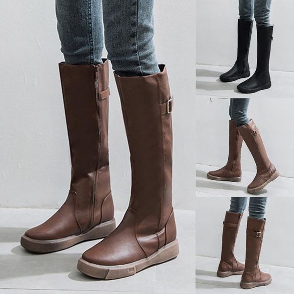 

solid color boot fashion women flat solid color zipper boots knee-high shoes round toe boots pu leather booties zapatos de mujer, Black