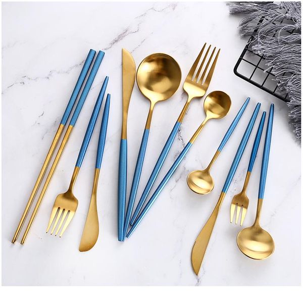 

blue gold steak knife fork coffee spoon teaspoon food tableware set noble western wedding party home upscale gold cut jllpsm