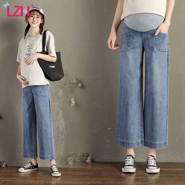 

lzh maternity pants 2020 autumn new pregnant womens stretch straight jeans womens loose drape wide leg pants fashion jeans, White