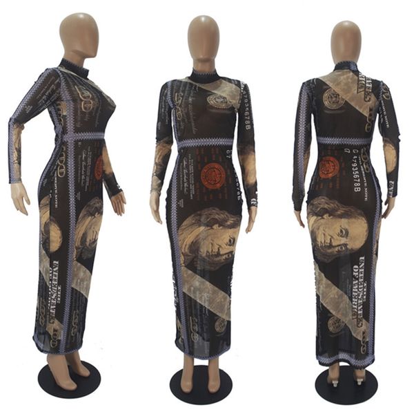 

женщины платья sexy доллар printed мода длинные рукава высокий воротник платья maxiskit bodycon платья партии дизайнерская одежда s-2xl cz11, White