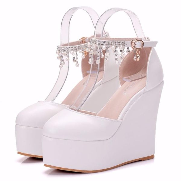 

dress shoes 2021 summer white women's high-heeled sandals 13cm word buckle wedges waterproof rhinestone beads wedding large yard, Black