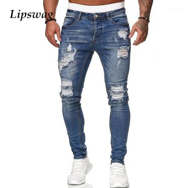 

2021 spring men's casual elasticity pencil pants vintage slim ripped jeans for male autumn fashion bleached trouser streetwear1, Blue