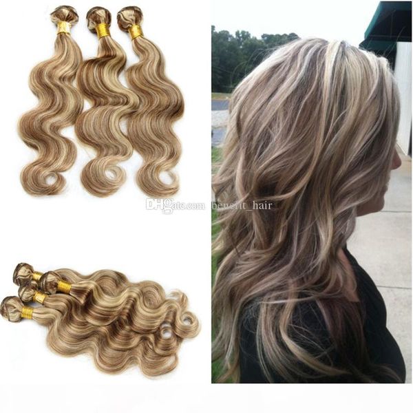 

ombre color brown and blonde human hair extension 10-30 inch brazilian body wave hair 3 bundles mix color 8 613 hair weaves, Black