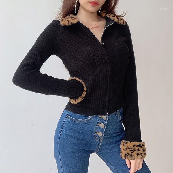 

women leopard lapel cardigan autumn and winter slim long sleeve zippers fur collar shirts vintage lady black ribbed 1, White