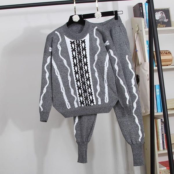 

women new wave pattern sequin black knitted tracksuit autumn o neck pullover sweater pencil pants outfits female casual knit set1, Gray