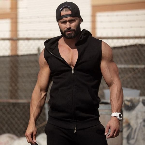 

lace up hooded open zip sleeveless fashion men's lace up hooded open zip sweater sleeveless sports sportswearsweater sportswearfashion, Black