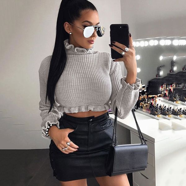 

ruffles long sleeve crop sweater women wave o neck knit sweaters harajuku crop women clothing solid slim pullovers, White;black